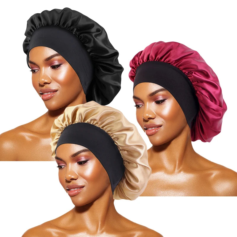 Women's Satin Solid Bonnets Wide-brimmed Night Sleeping Bathing Hat Unisex Head Wrap Elastic Band Cap Hair Care Bonnet