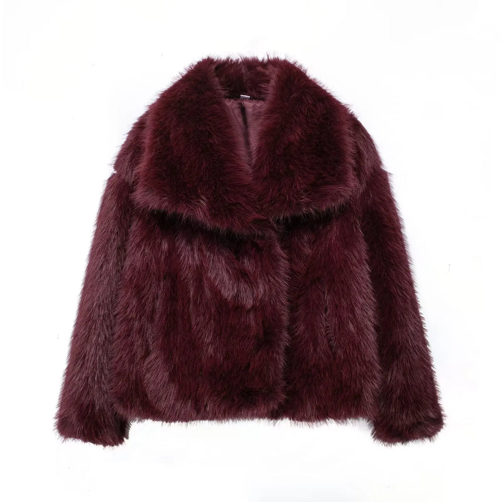 HH Women Fashion Cropped Faux Fur Jacket Coat Long Sleeve Front Snap-button Female Outerwear Chic Lapel Collar Thick Coat
