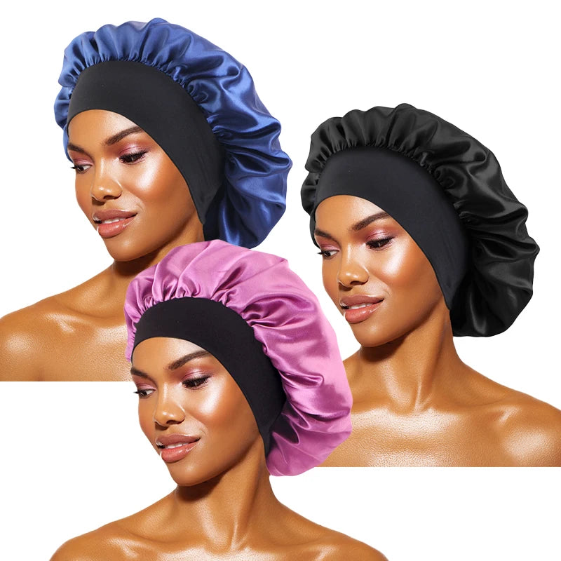 Women's Satin Solid Bonnets Wide-brimmed Night Sleeping Bathing Hat Unisex Head Wrap Elastic Band Cap Hair Care Bonnet