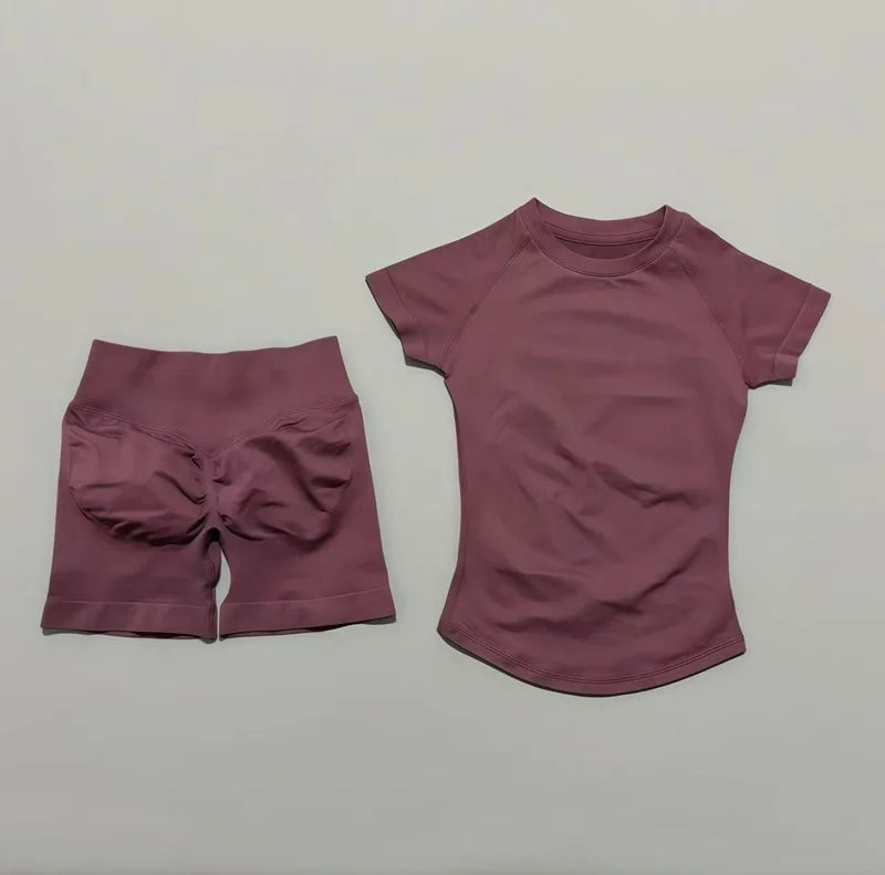 2 Pcs HISTELLO Impact Gym Sets Short Sleeve Seamless Yoga Clothing Fitness Set Women Workout Running Sports Short Leggings Suit