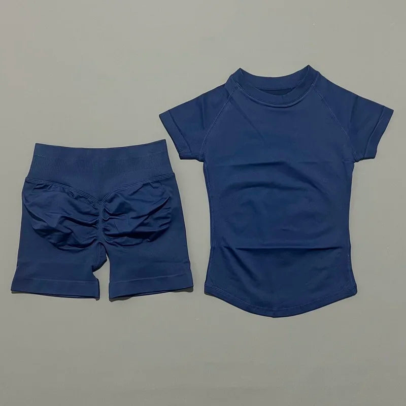 2 Pcs HISTELLO Impact Gym Sets Short Sleeve Seamless Yoga Clothing Fitness Set Women Workout Running Sports Short Leggings Suit