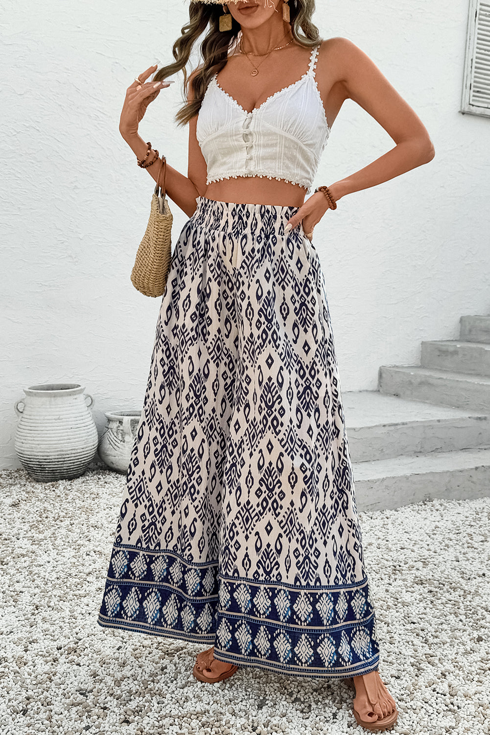 Boho Smocked High Waist Wide Leg Pants