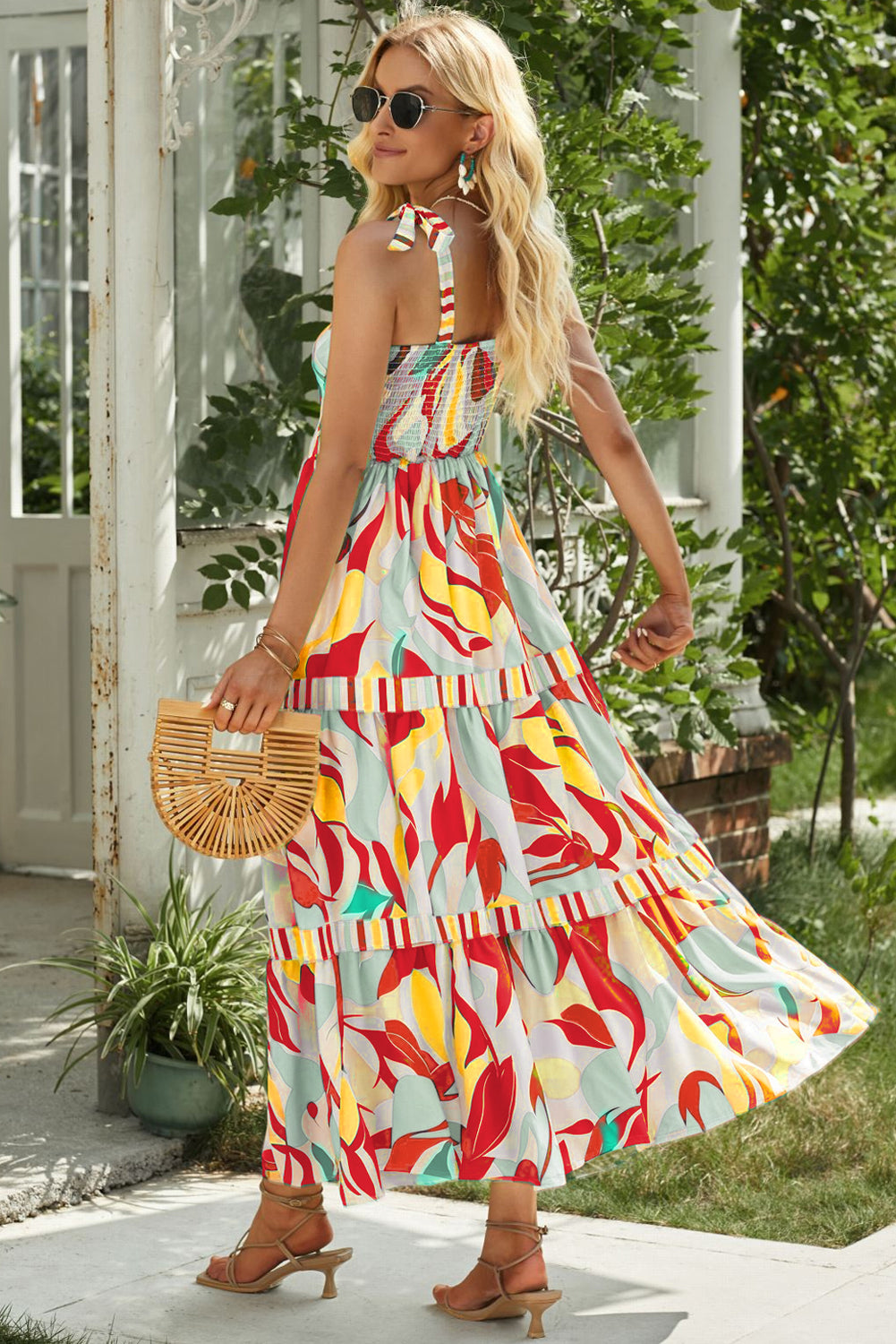 Abstract Stripe Patchwork Tie Strap Maxi Dress