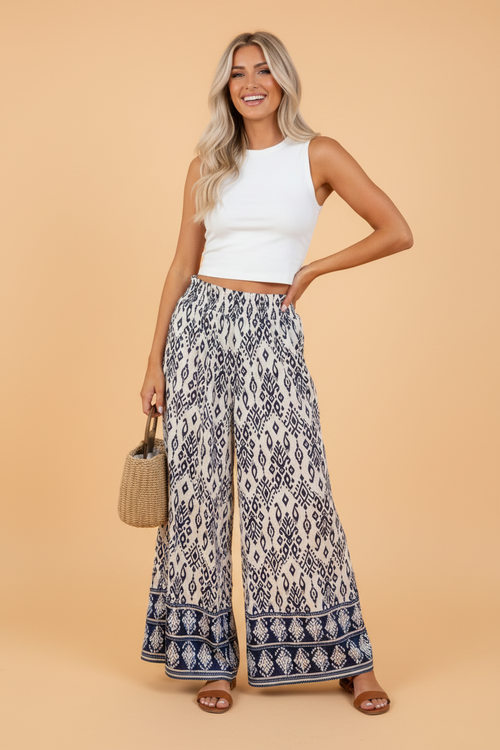 Boho Smocked High Waist Wide Leg Pants