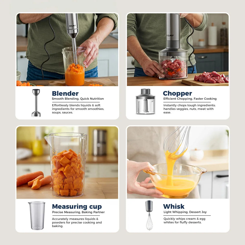 ROUNY 4-in-1 Hand Immersion Blender 1000W Powerful, Stainless Steel