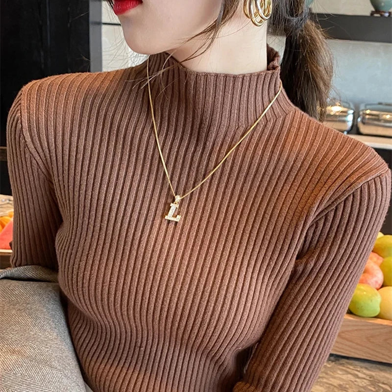 New Women's Elegant Solid Basic Knitted Tops Women Turtlneck Sweater Long Sleeve Casual Slim Pullover Fashion Simple Chic Tops