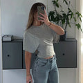Women's New Arrival Solid Colour Pure Cotton Crew Neck Pullover Short-Sleeved Loose-Fit Waist-Defining Cropped Top with Exposed