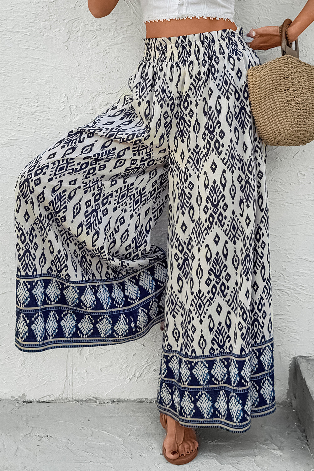 Boho Smocked High Waist Wide Leg Pants
