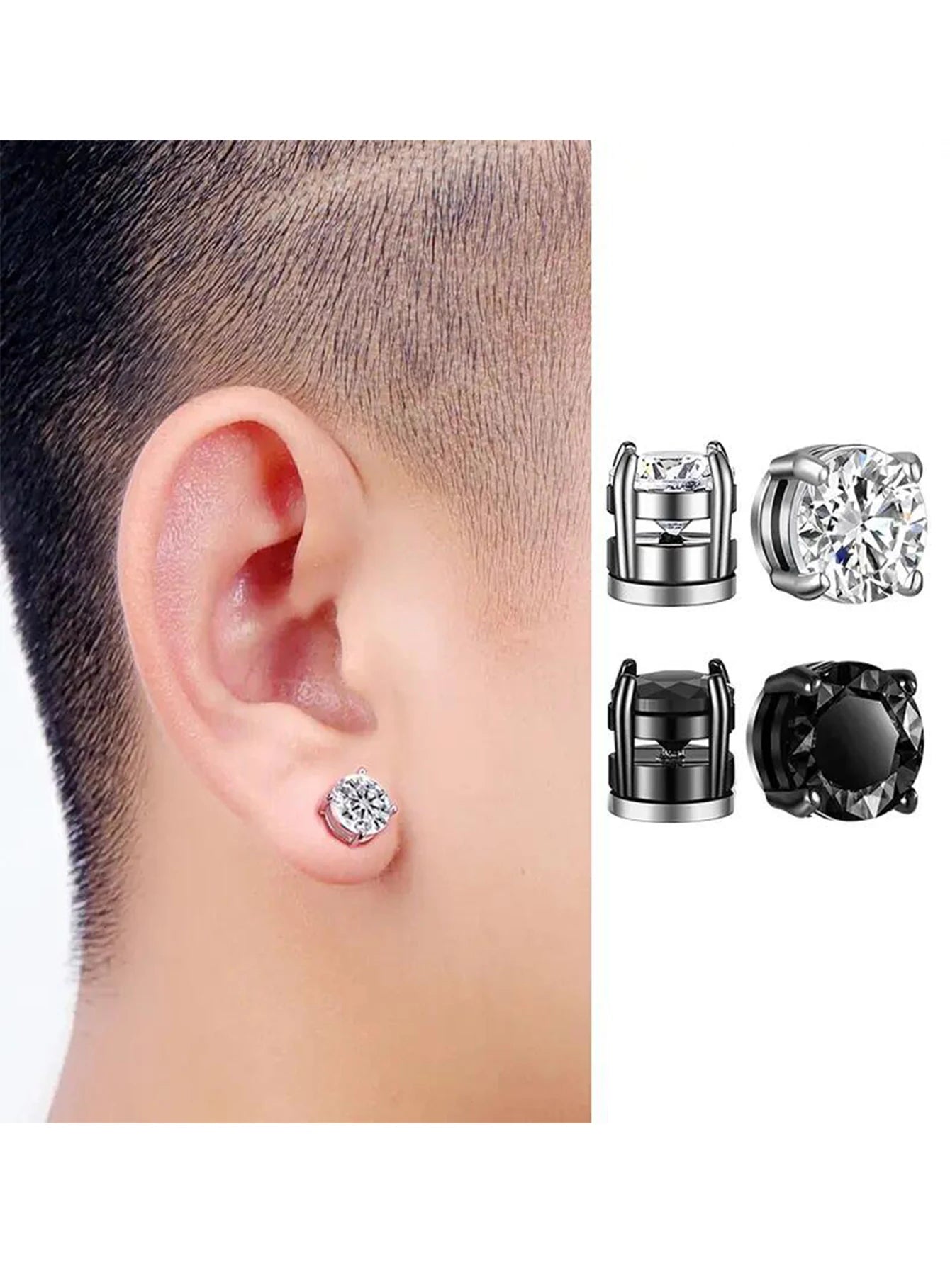 1-10 pairs of men's fashionable ear hole free magnet zircon stainless steel false earring set