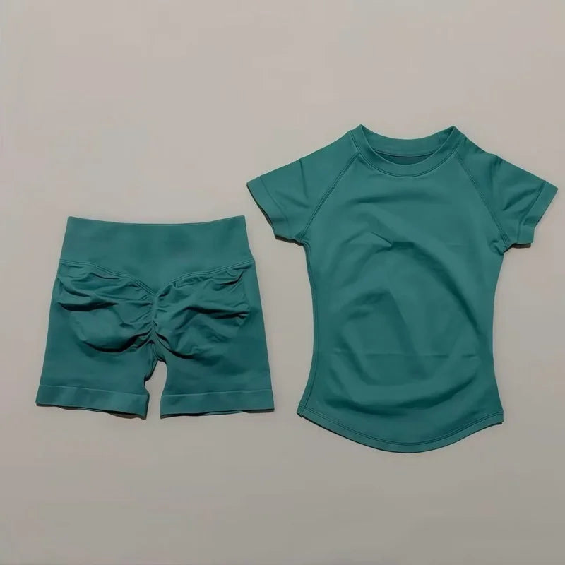 2 Pcs HISTELLO Impact Gym Sets Short Sleeve Seamless Yoga Clothing Fitness Set Women Workout Running Sports Short Leggings Suit